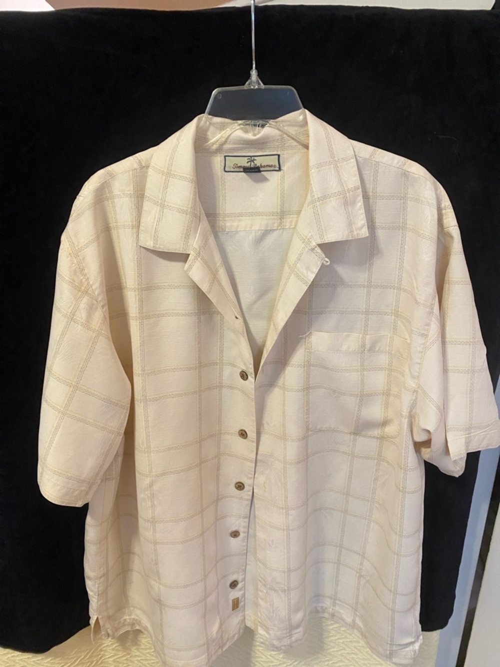Tommy Bahama Cream Silk Button-Up with Subtle Navy Logo Stitching